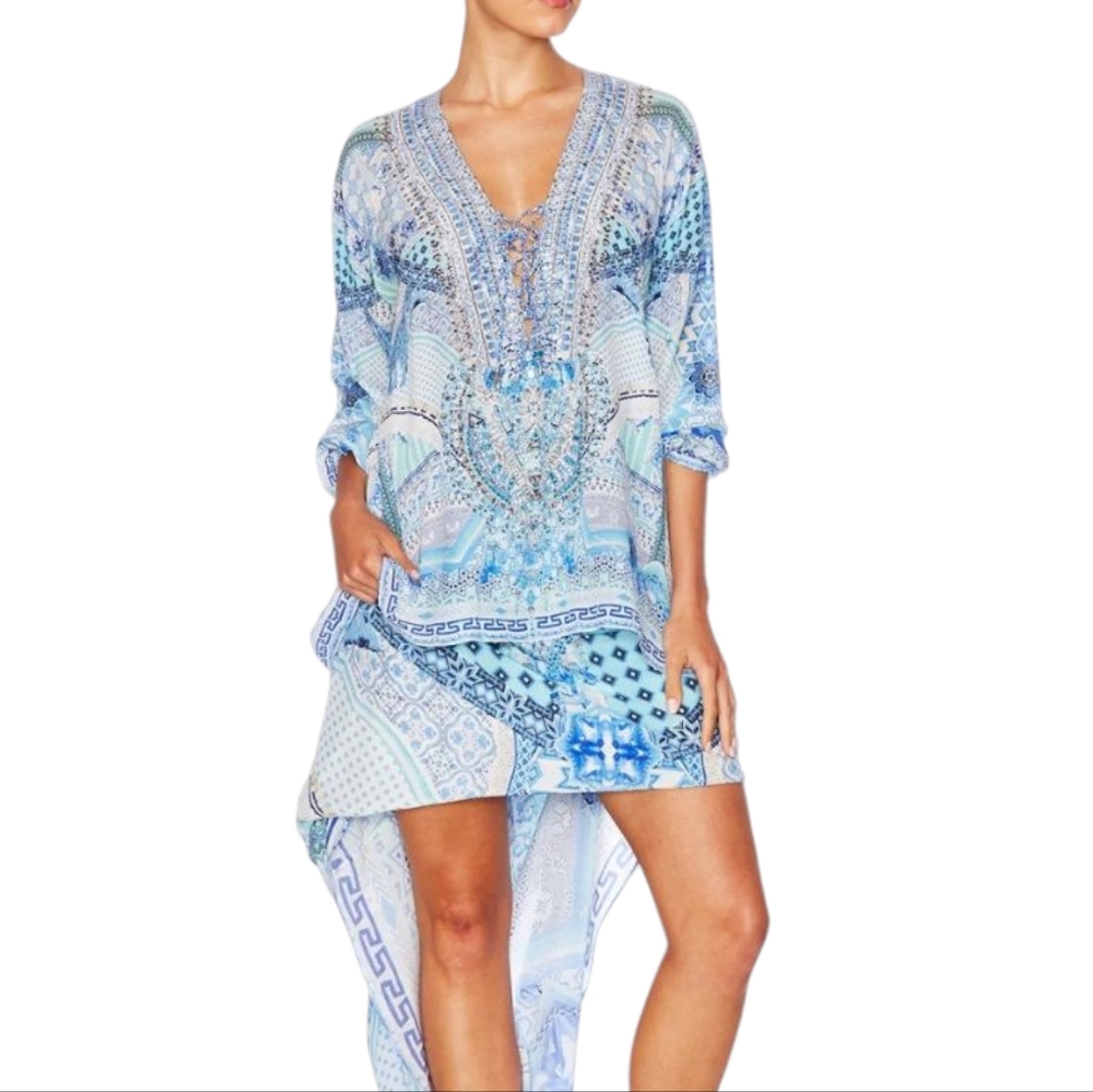 CAMILLA Day Dreamer Silk Embellished Lace Up Tunic Top Shirt Blouse Designer S - Picture 2 of 14